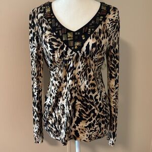 Chaus V-Neck Embellished Leopard Top Size M